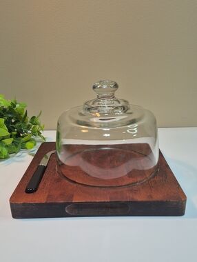 BARIBOCRAFT Wood Cheese Board with Glass Cloche Dome and Cheese Knife